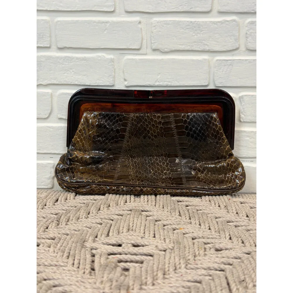 Vintage 1950s-1960s Snakeskin Clutch Brown Lucite Frame Bag